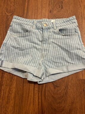 Light Blue Striped Roll-Hem Women's Jean Shorts
